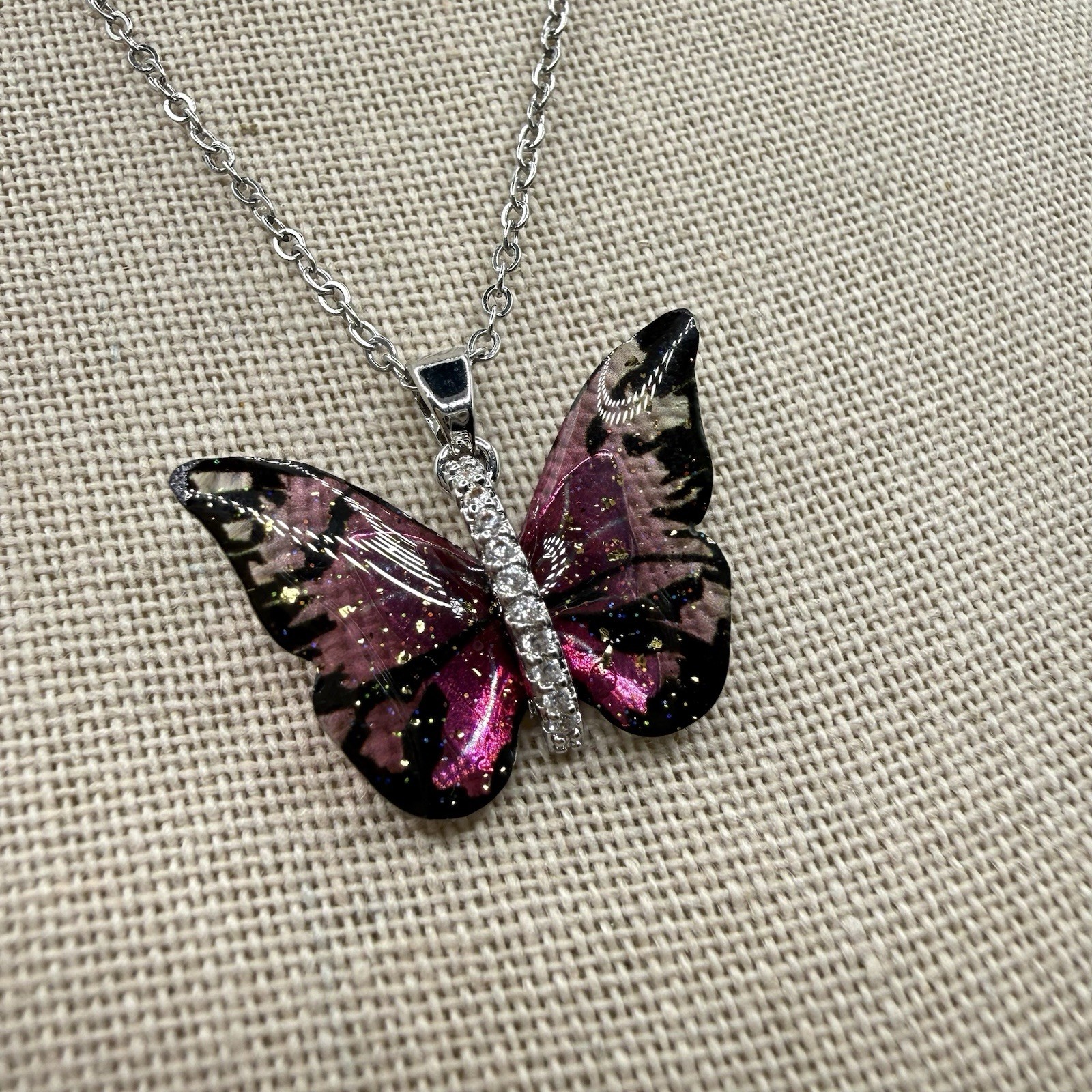 S Steel Signed Necklace Set Stainless Steel Butterfly & Clear CZ Oval Pendant