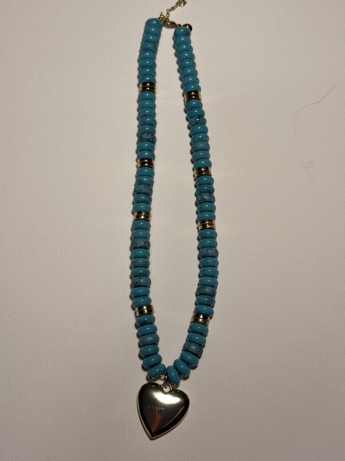 J Crew Blue Beaded Ball Chain Necklace Silver Heart Charm Pendant Lobster Clasp