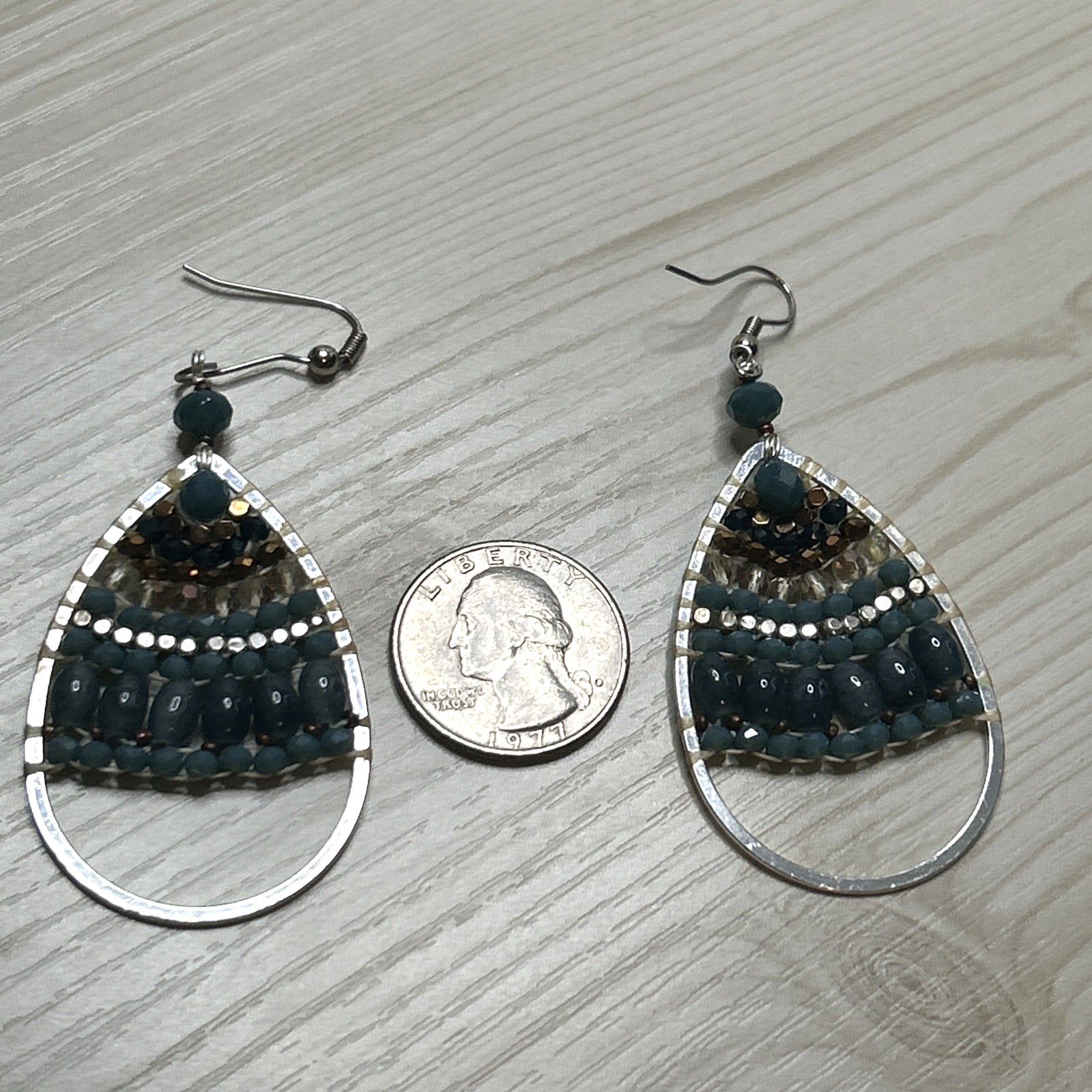 Vintage Boho Beaded Earrings Teardrop, Turquoise Beads, Wire Wrapped