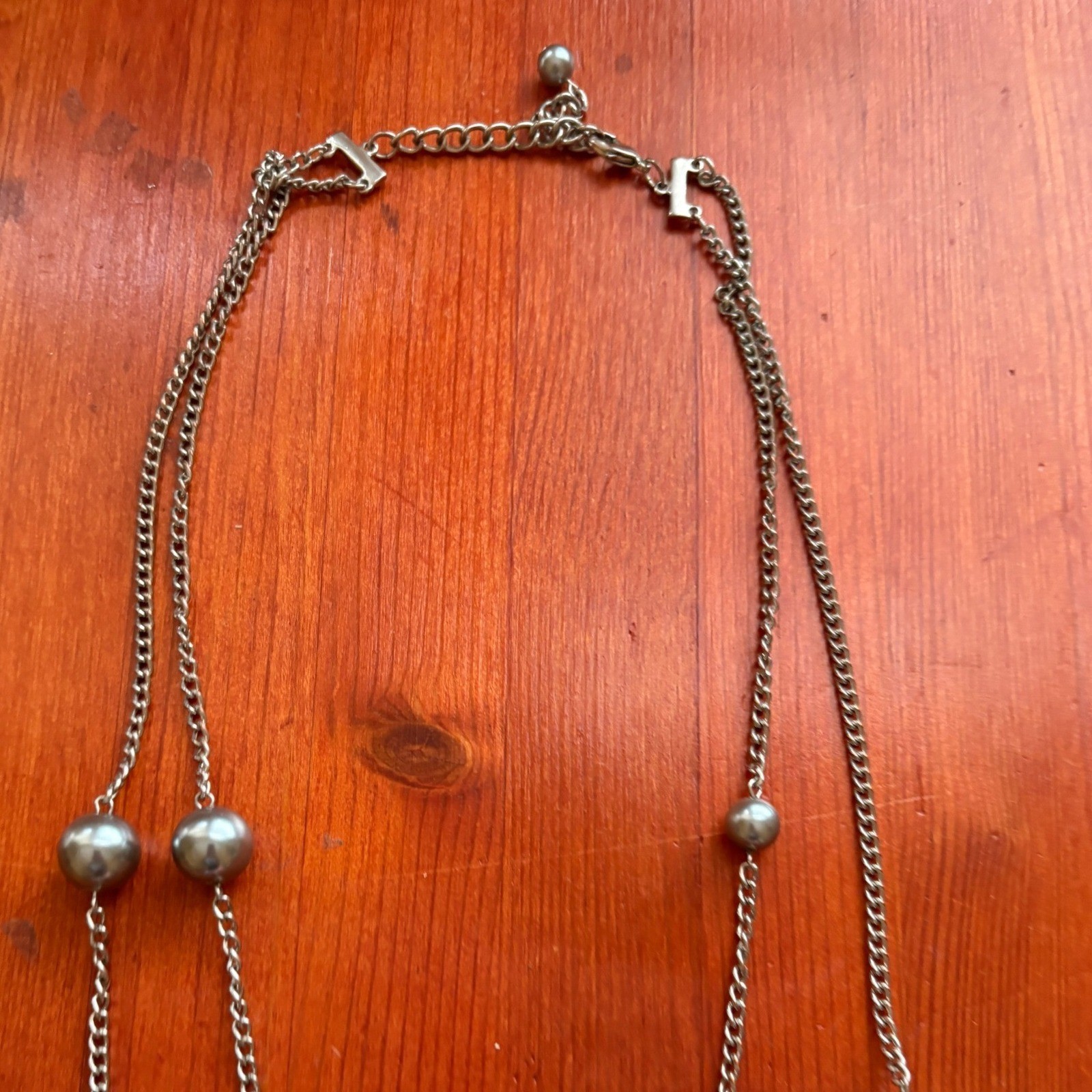Double Layer Silver Tone Grey Beads Long Chain Necklace Adjustable Clasp