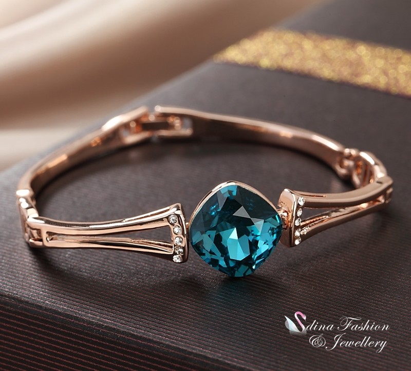 18K Rose Gold GF Made With Swarovski Crystal Rhombus Shaped Deep Teal Bracelet