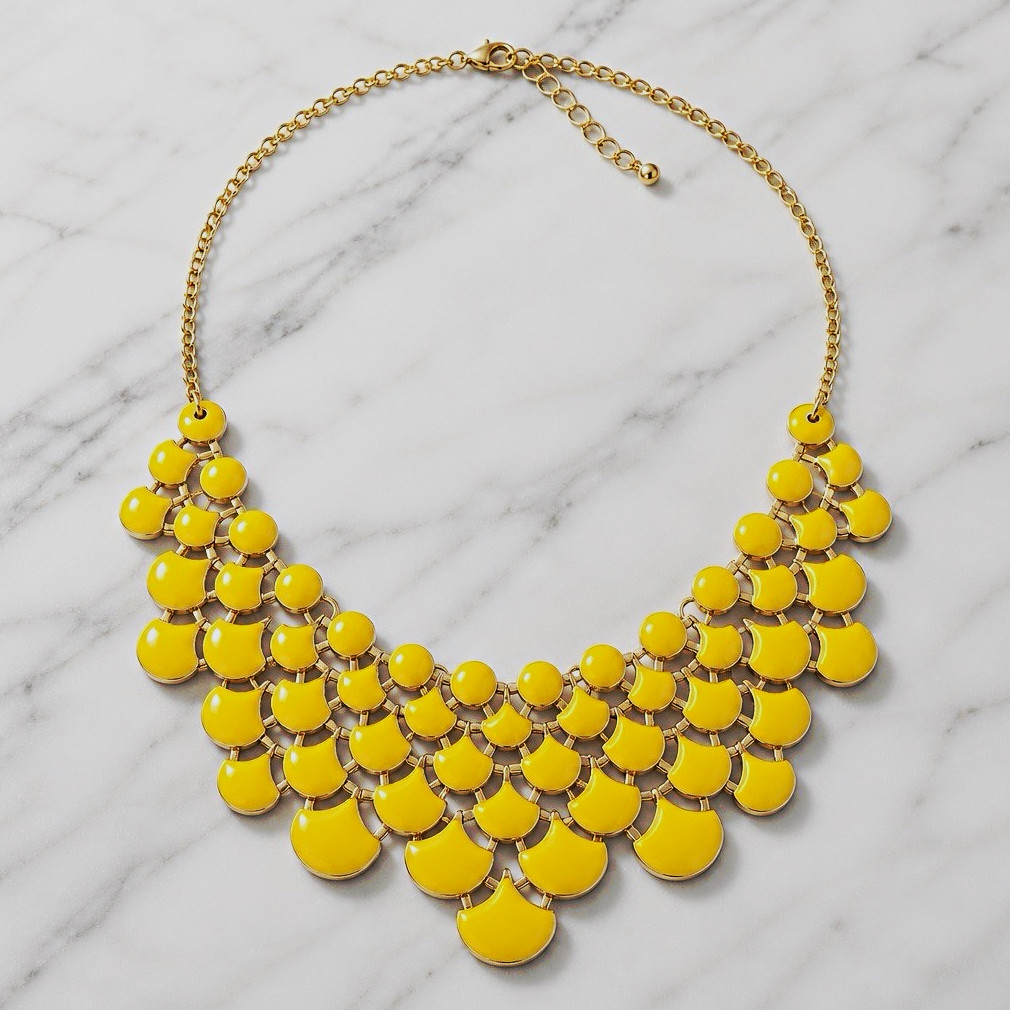 Yellow Statement Bib Necklace, No Stone Metal, Cable Chain, Fashion Costume