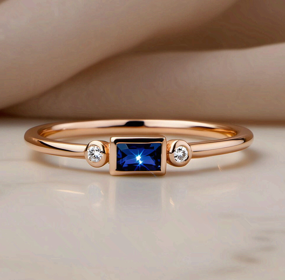 Rose Gold Copper Minimalist Ring Blue Cubic Zirconia Baguette Band