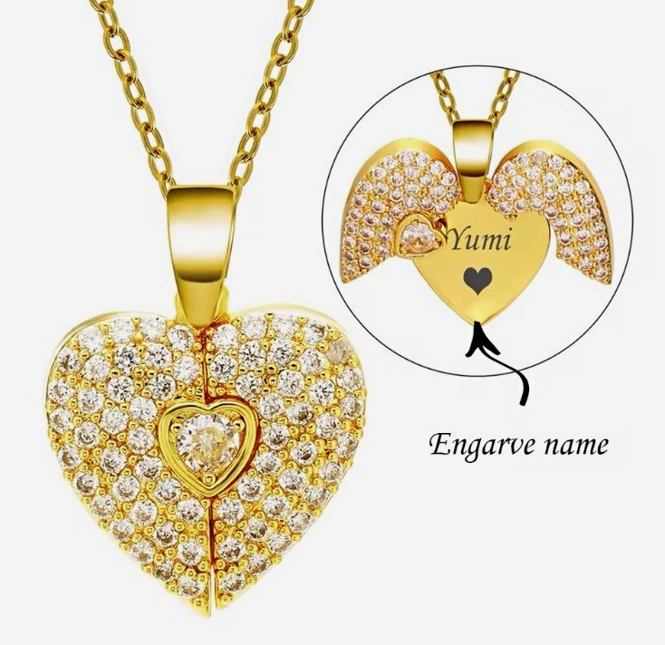 Gold Plated Heart Pendant Necklace Clear Crystal Custom Engraving