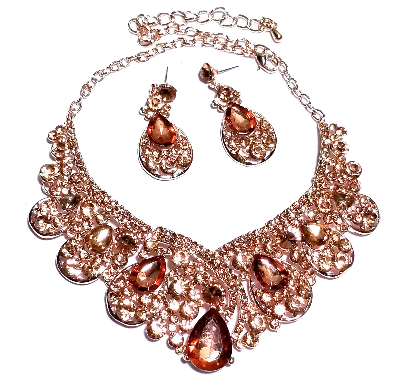 Peach Rhinestone Crystal Necklace Earring Set