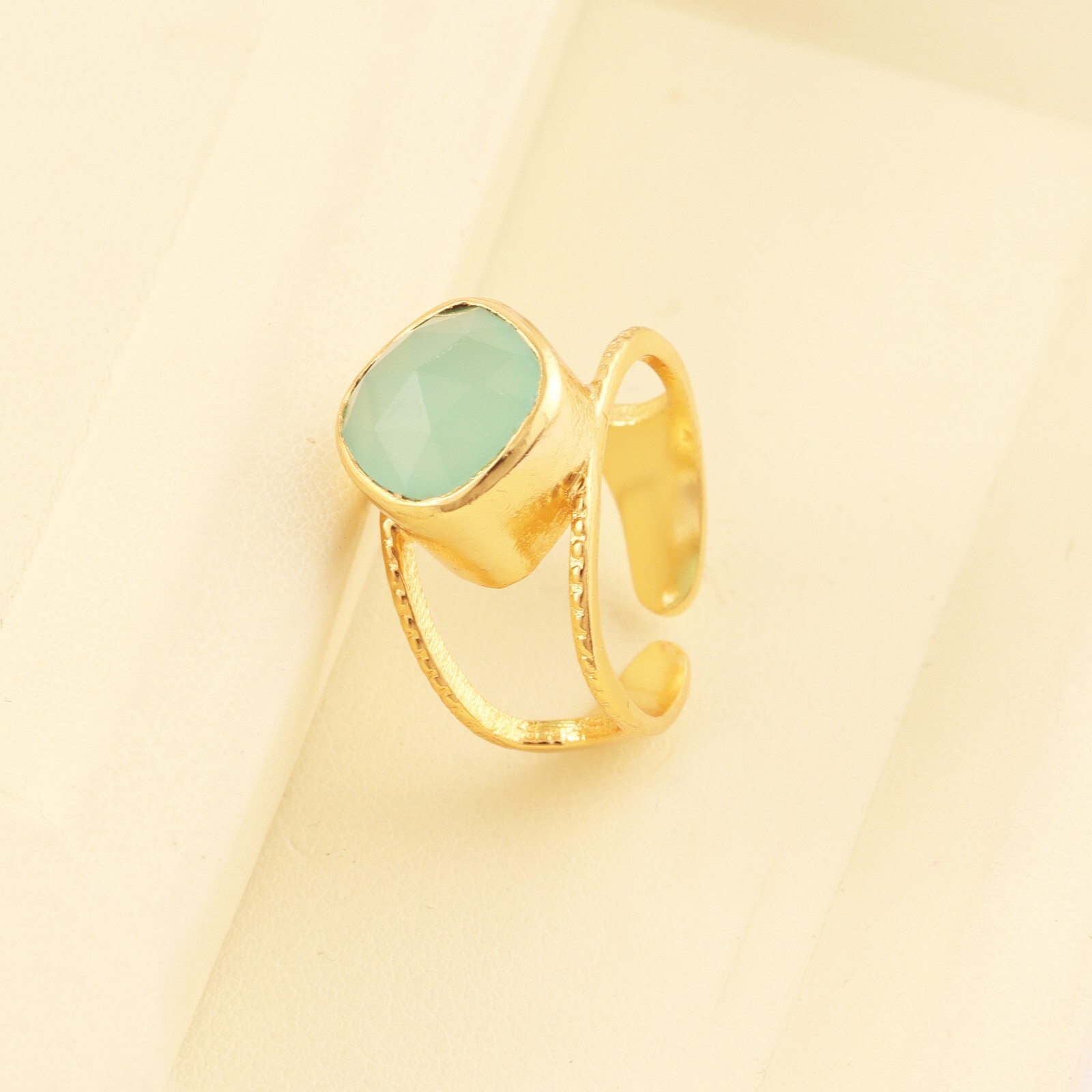 Aqua Chalcedony Gemstone Ring Double Leyer Gold Plated Stackable Adjustable Ring