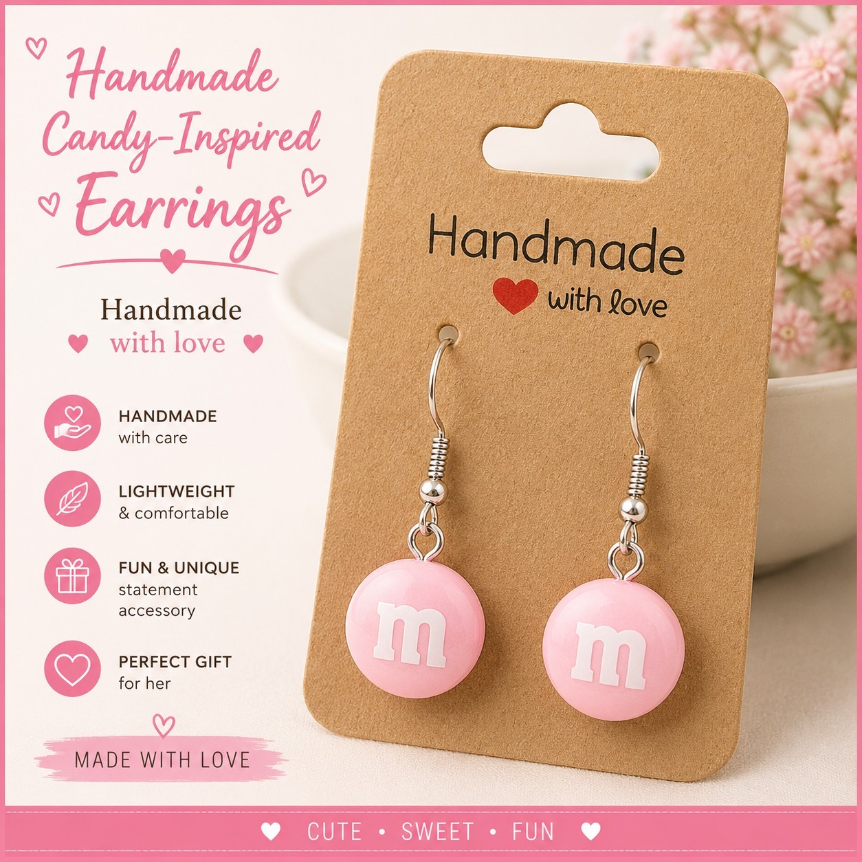 Handmade Pink Candy Dangle Earrings | Fun Novelty Sweet Treat Statement Jewelry