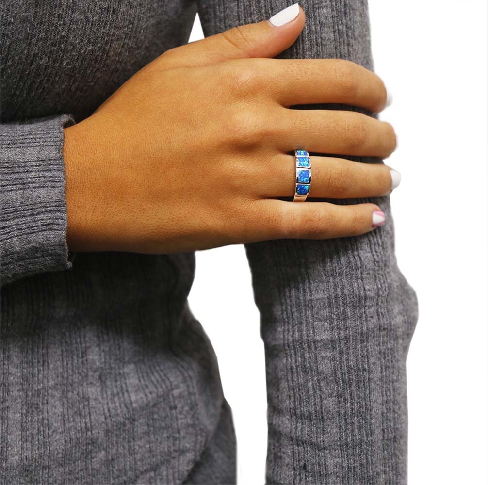 Women’s 925 Sterling Silver Created Blue Opal Band Ring Sizes 6-9 Gift