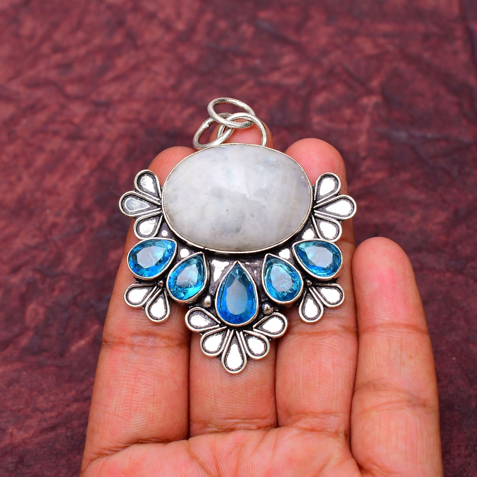 Rainbow Moonstone Gemstone 925 sterling silver Handmade Pendant 2.16″