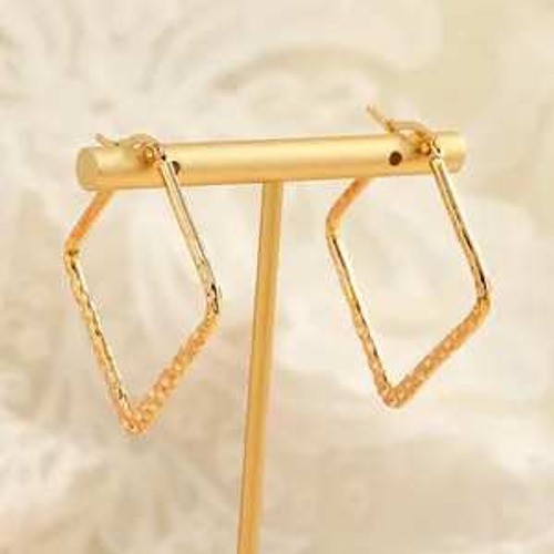Gold Stainless Steel Hammered Square Hoop Earrings Geometric Diamond Shape 4cm