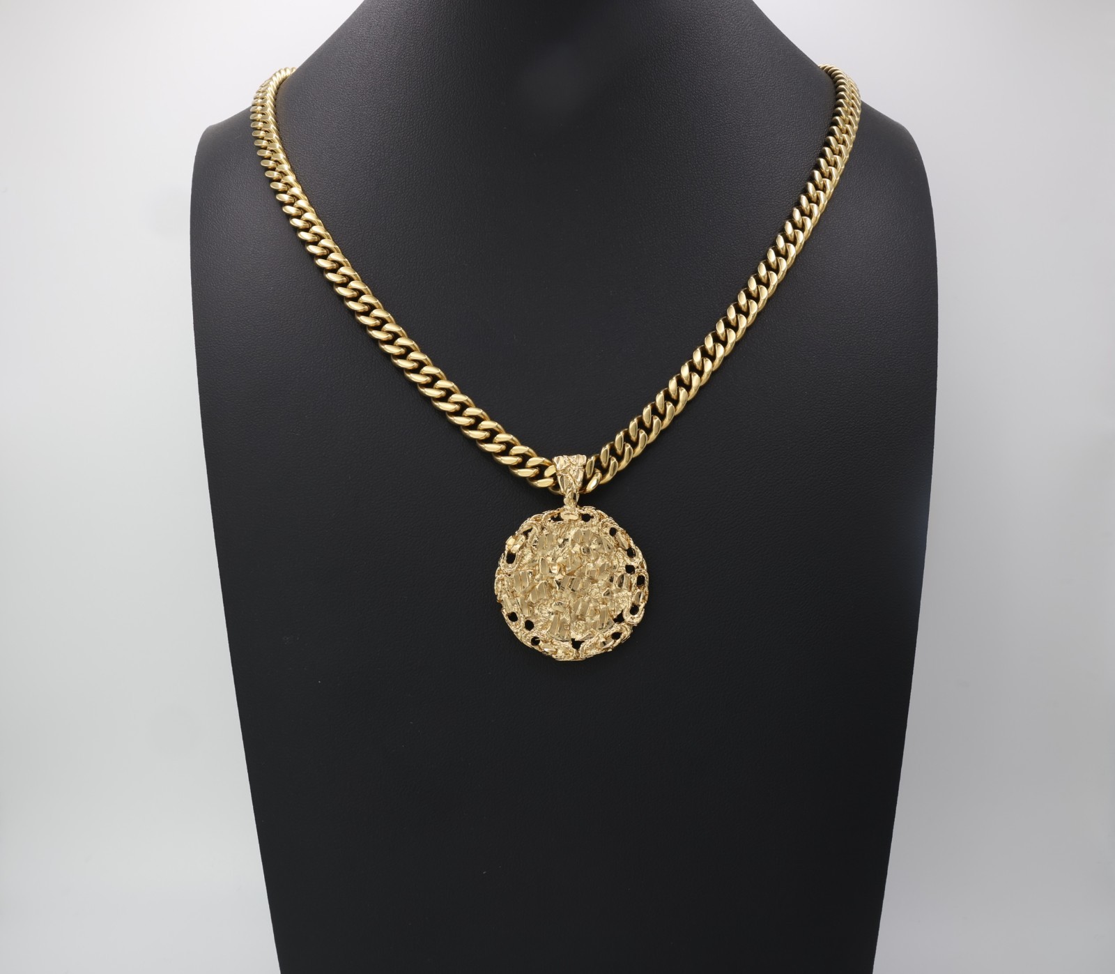 Gold Nugget Necklace, Round Nugget Pendant, 7mm Curb Chain, 14k Gold Plated
