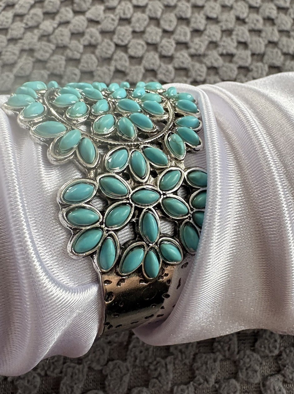 Turquoise Cuff Bracelet Western Boho Silvertone Jewelry Boho
