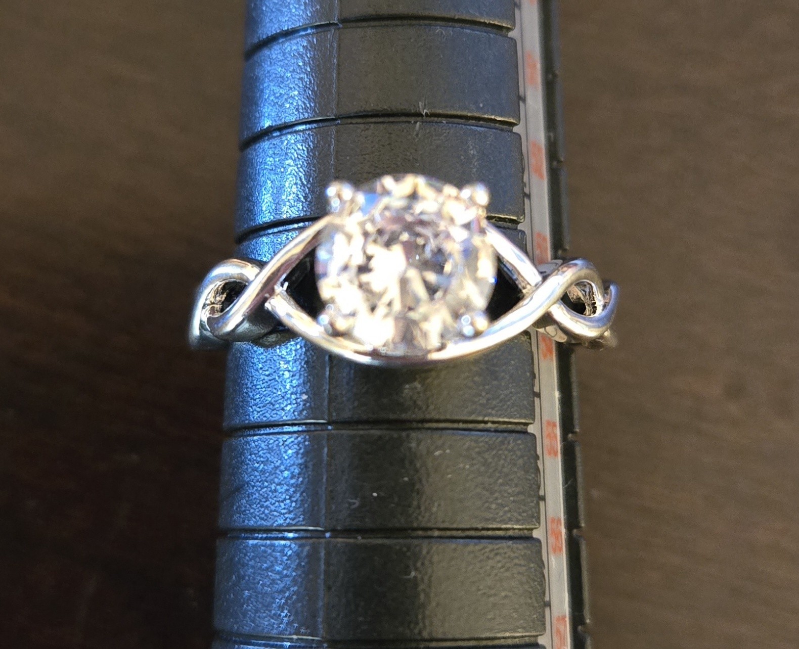 Elegant CZ Solitaire size 6.75 Twist Shank High Polish Silver Tone Prong Setting
