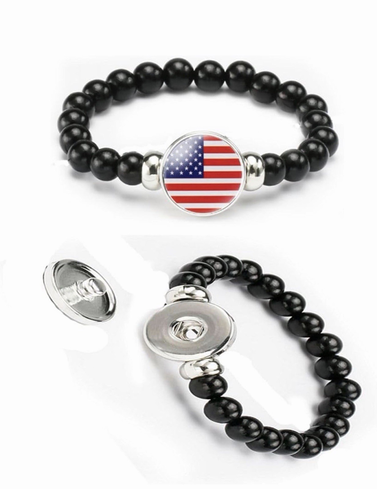 Black Adjustable Beaded Bracelet Snap Closure Round Flag Dangle Charm USA 6 pack