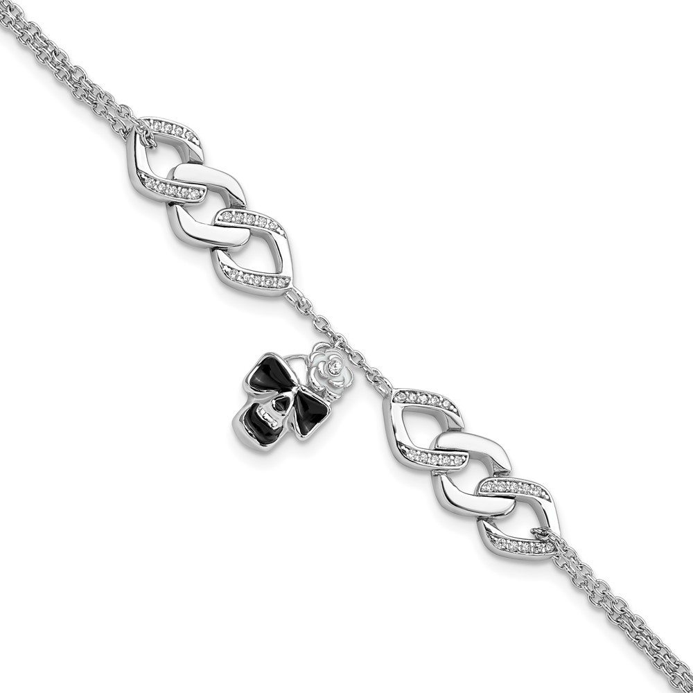 Sterling Silver Cubic Zirconia Enamel Skull Link Chain Bracelet 6.5″ w/1in ext.