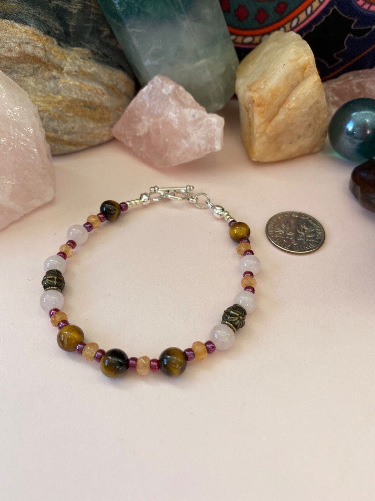 Women’s Tiger’s Eye & Rose Quartz Bracelet w/Jade. 6 in. Toggle Closure.