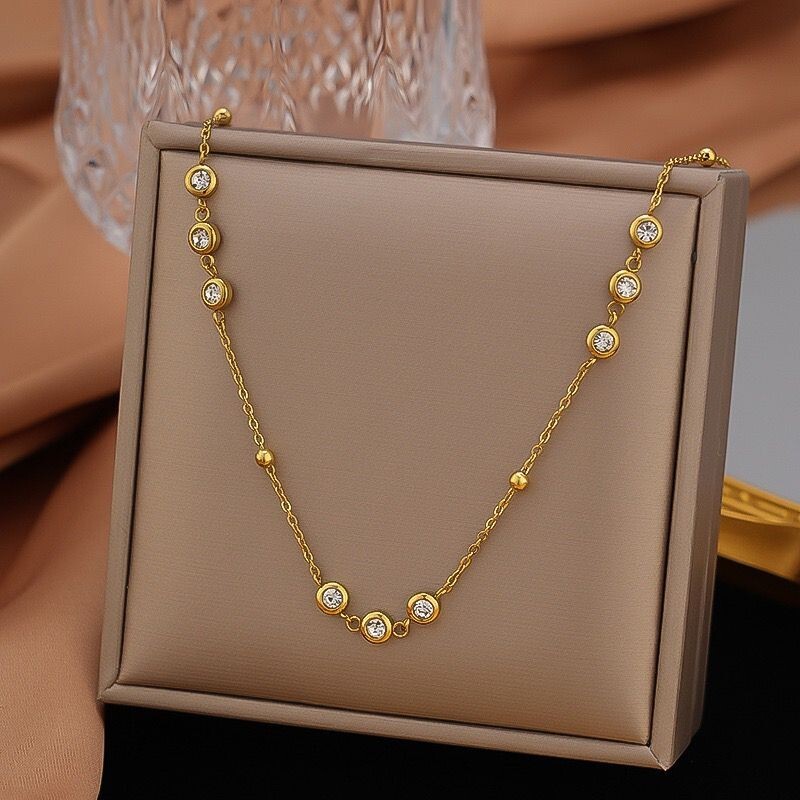 SET Woman 18K Gold Plated Beaded CZ Charm Necklace Bracelet