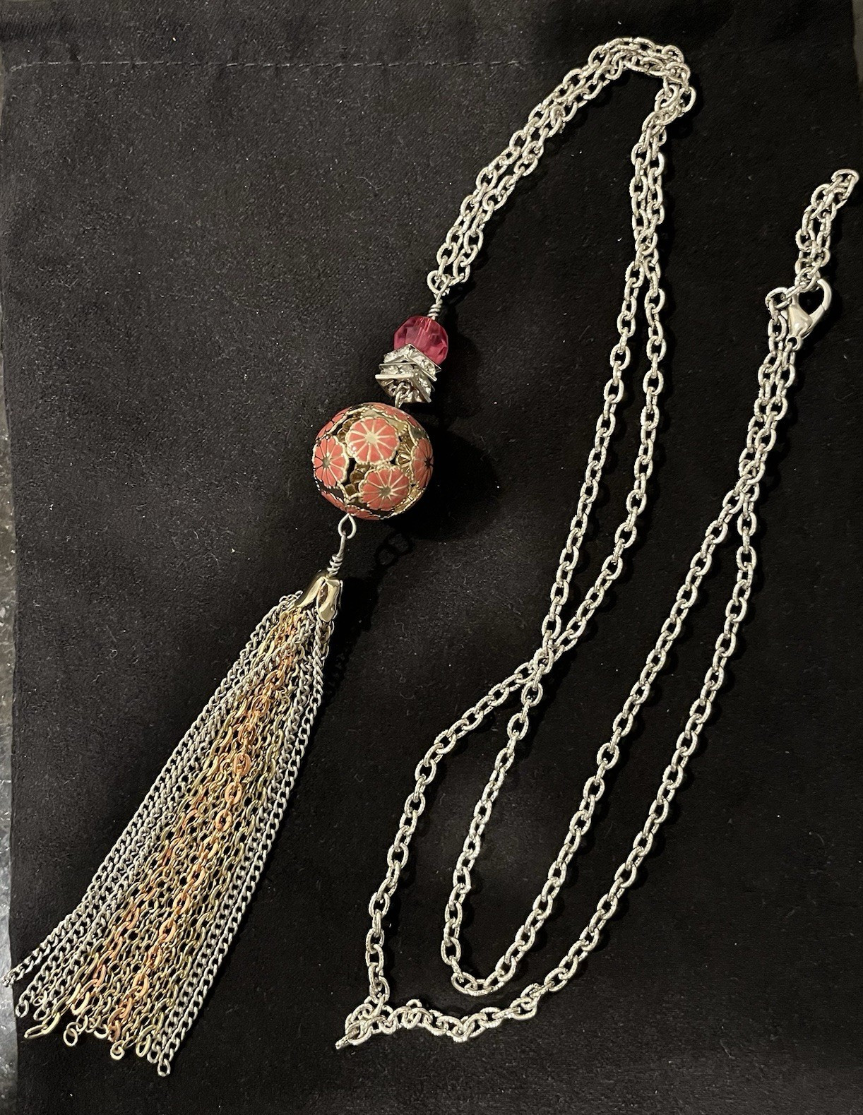 Vintage Loft Silver Peach Flower Tassel Pendant Long Necklace, NWOT