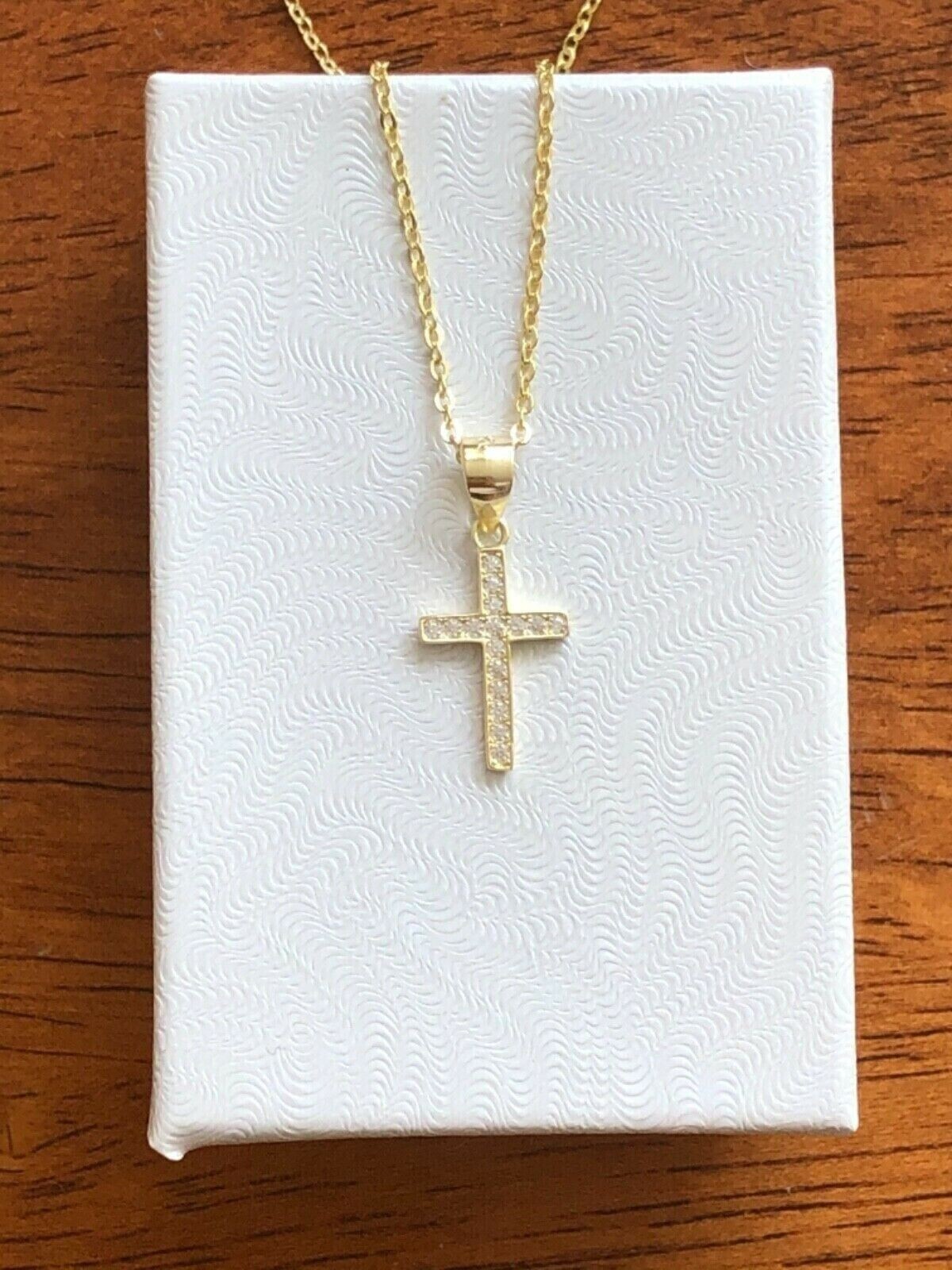 925 Sterling Silver CZ Cross Pendant Necklace Small Tiny 14mm 16-18″ Women Girls