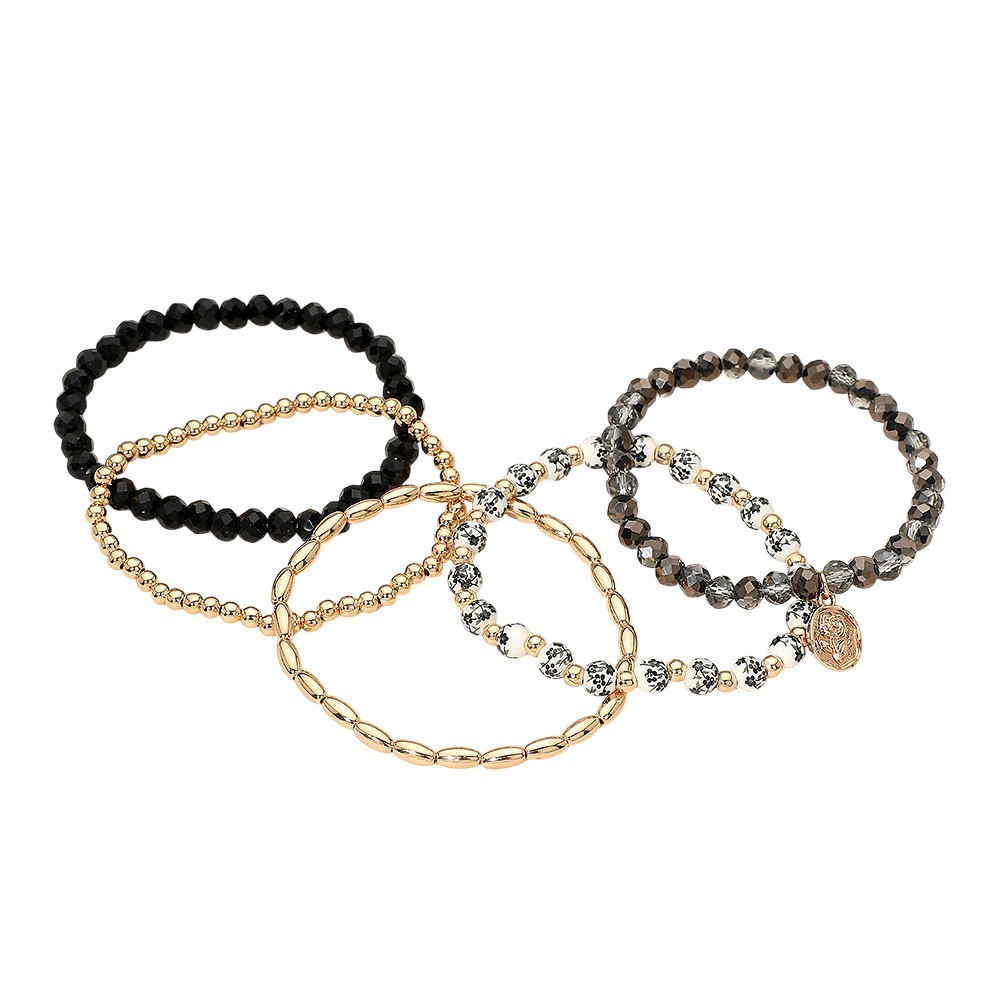 5PCS Floral Charm Beaded Stretch Bracelet Stack Boho Layered Jewelry