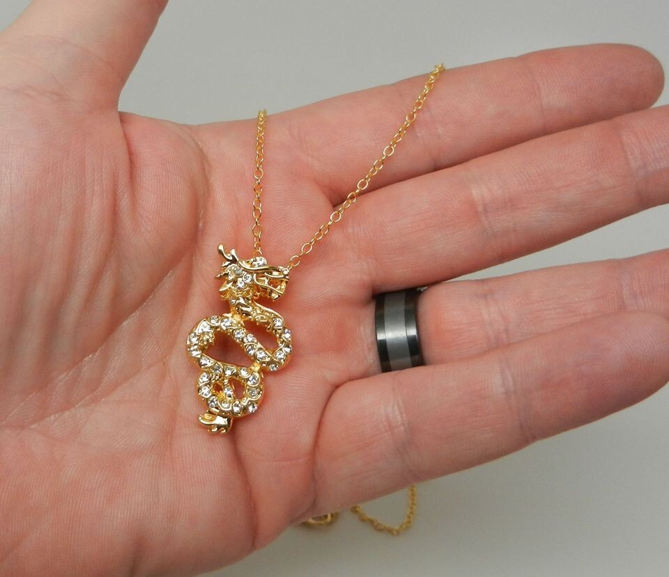 Chinese Lunar New Year Gold Tone With Faux Diamonds Dragon Pendant 20″ Necklace