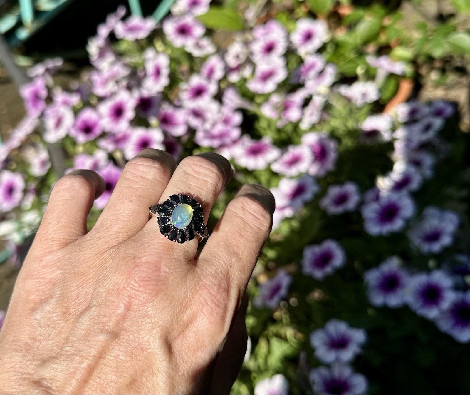JTV Ethiopian Opal Black Spinel Ring Sterling Silver 925 Size 8 Rhodium Plated