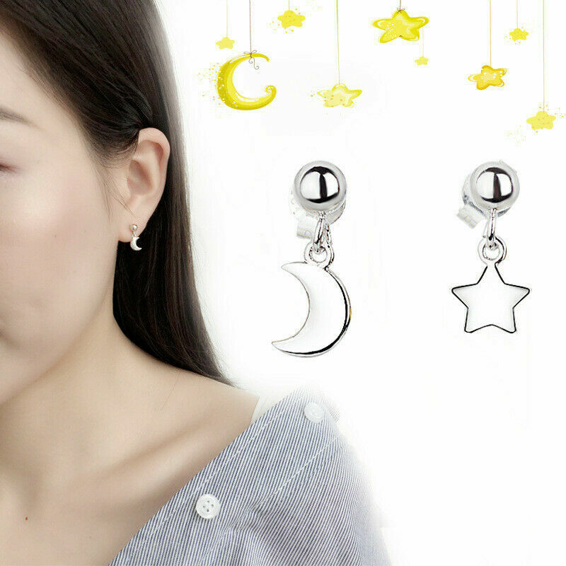 925 Sterling Silver Moon Star Ball Drop Dangling Stud Earrings Gift B36