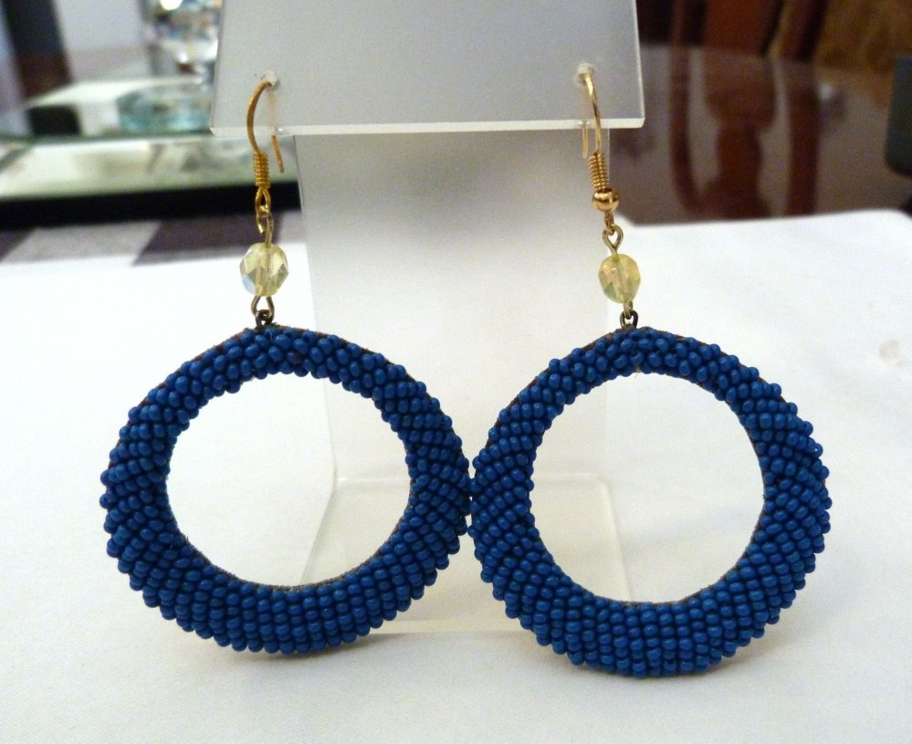 3 1/4″ LONG DESIGNER SIGNED DEEPA GURNANI BLUE GLASS HAND BEADED DANGLE EARRINGS