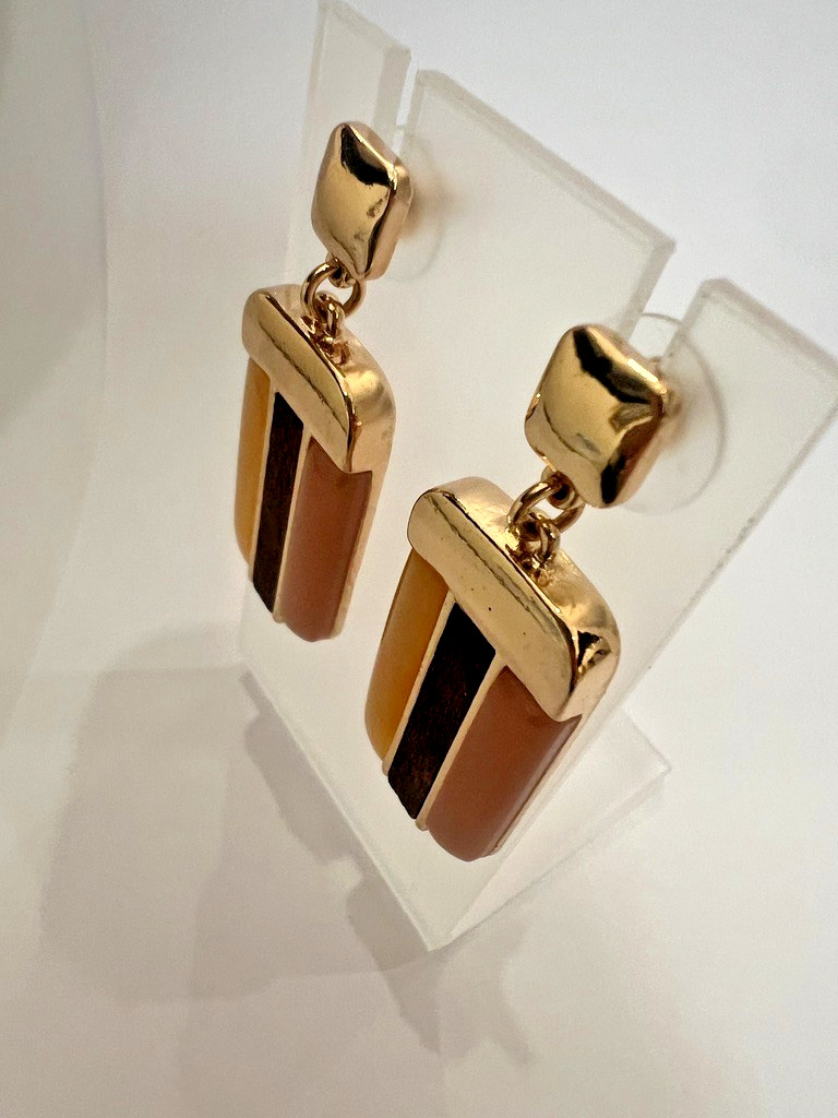 Uncas Int Gold Blush Amber Dangle Earrings Resin Wood Earth Tones 2” Vendor Smpl