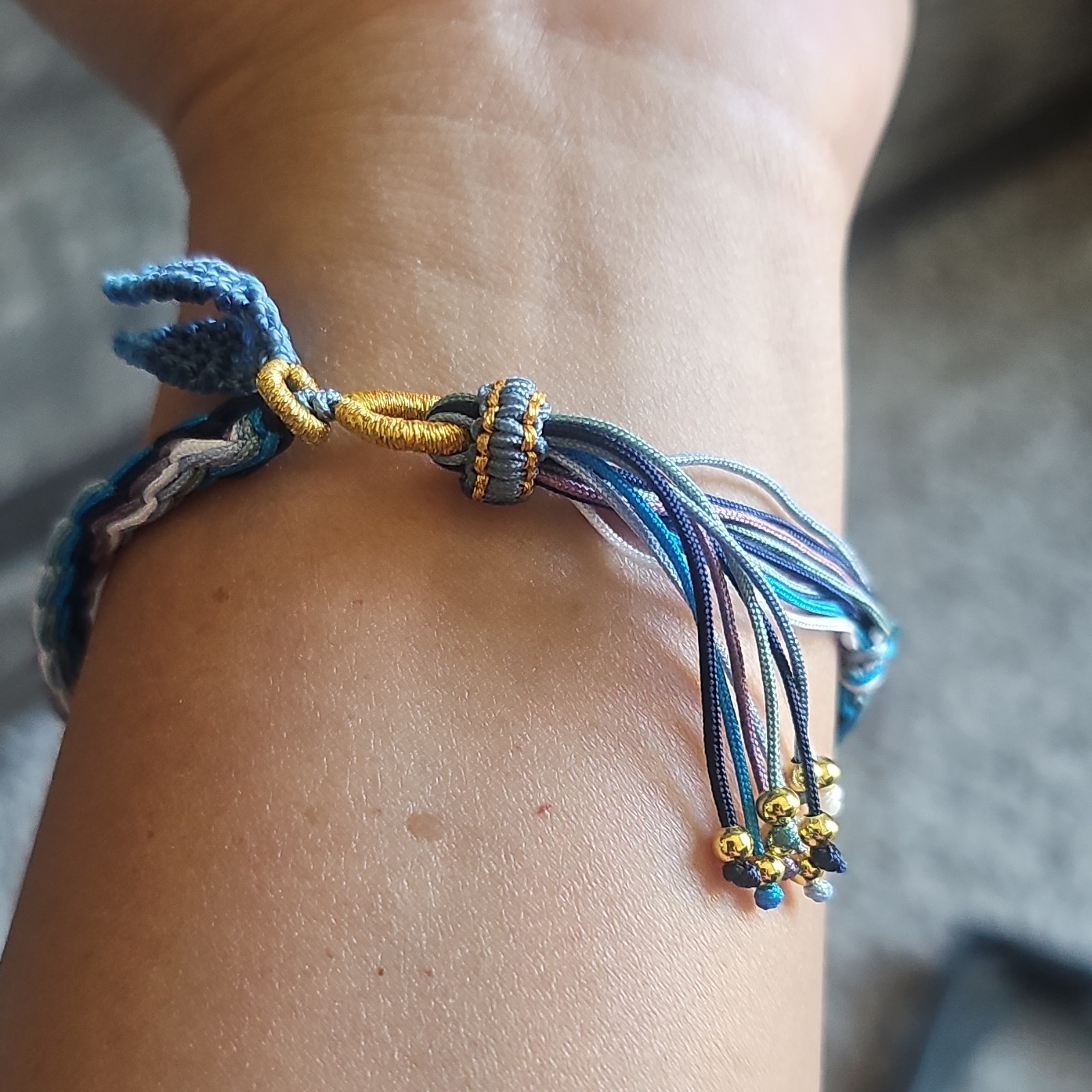 Blue White Purple Gold Braided Cord Adjustable Bracelet, Sizable Fit