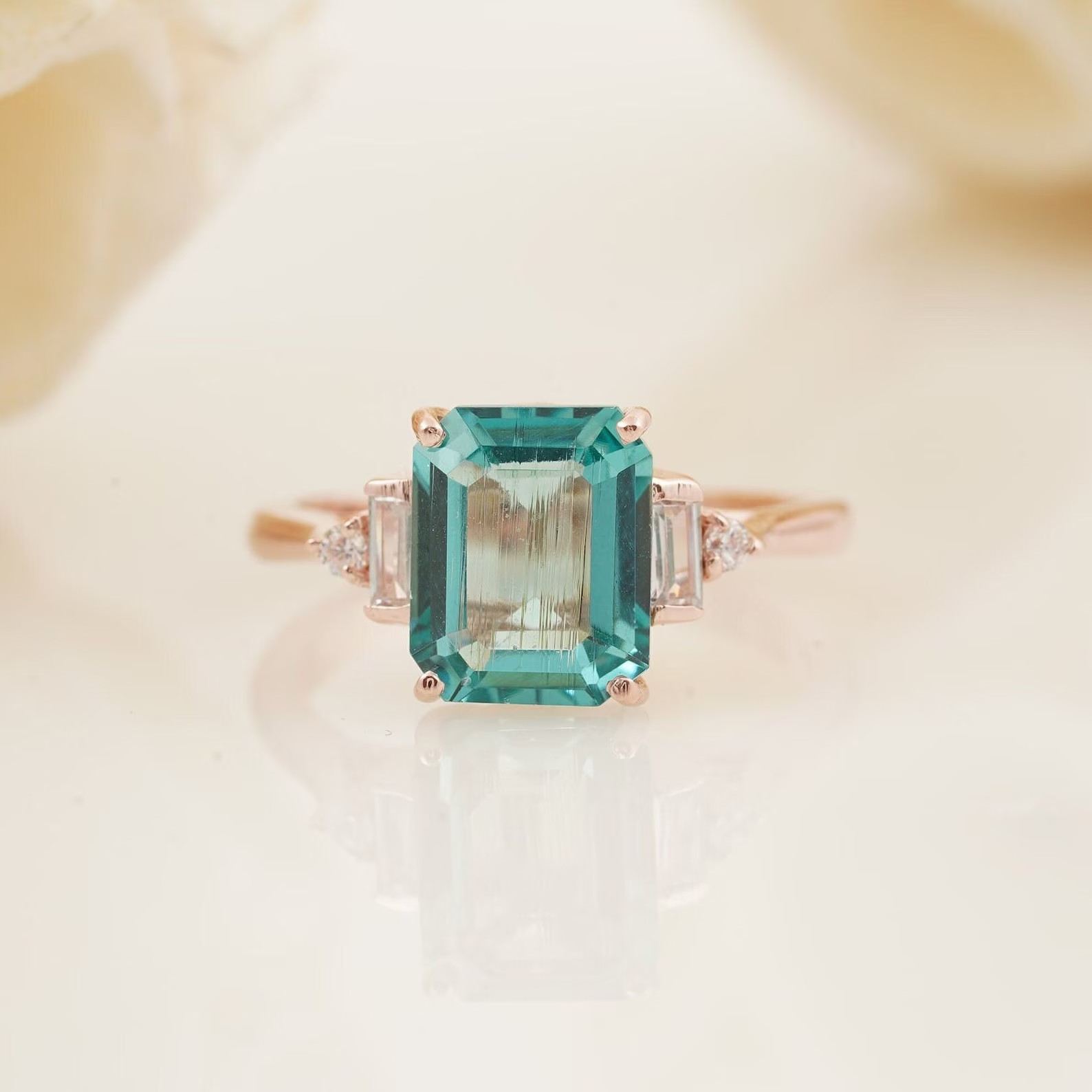 Aquamarine Engagement Ring Emerald Cut Gold Plated silver engagement Gift ring