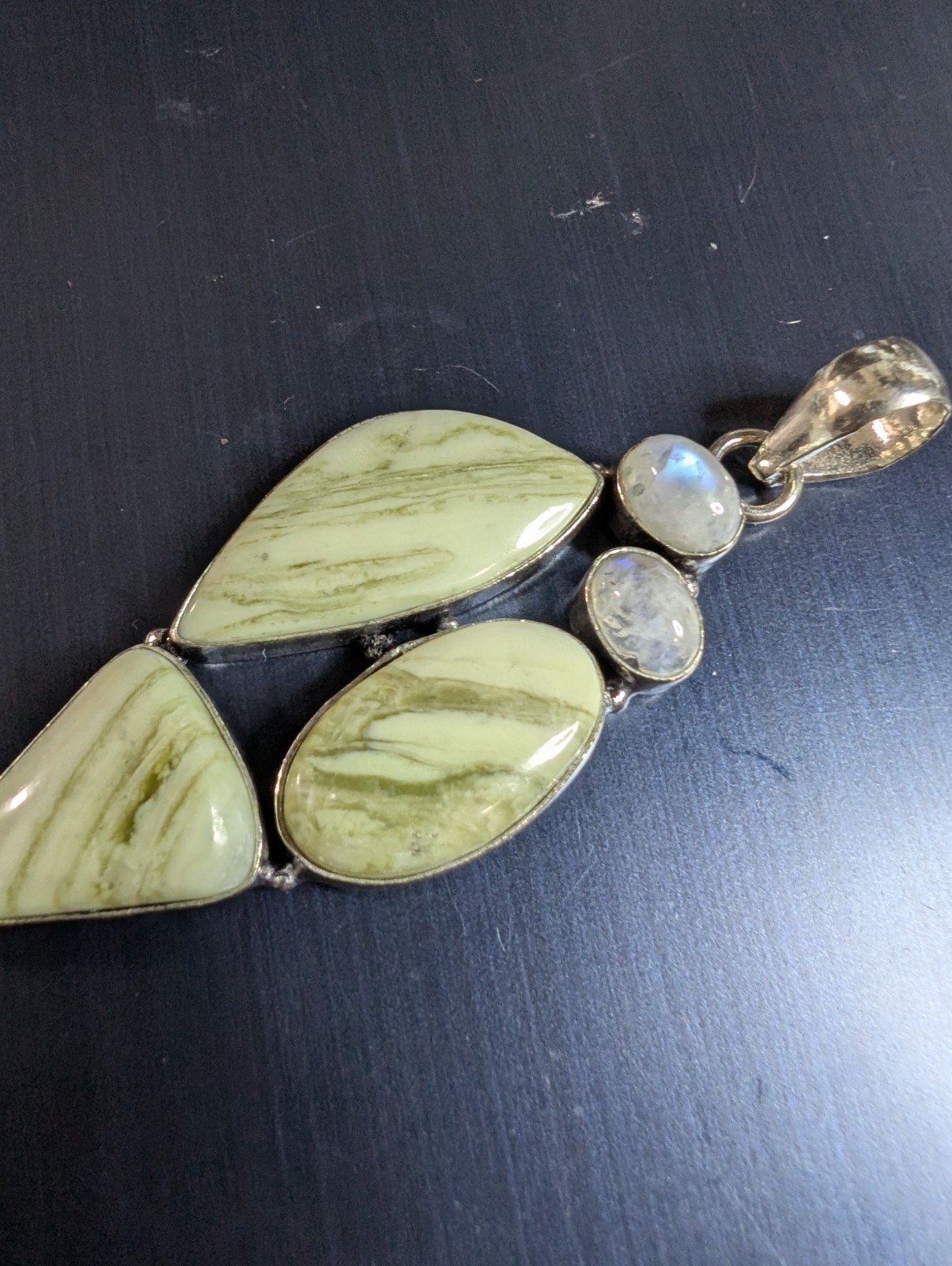 Larsonite Jasper Moonstone silver plated pendant 2.62″ long DAD1072