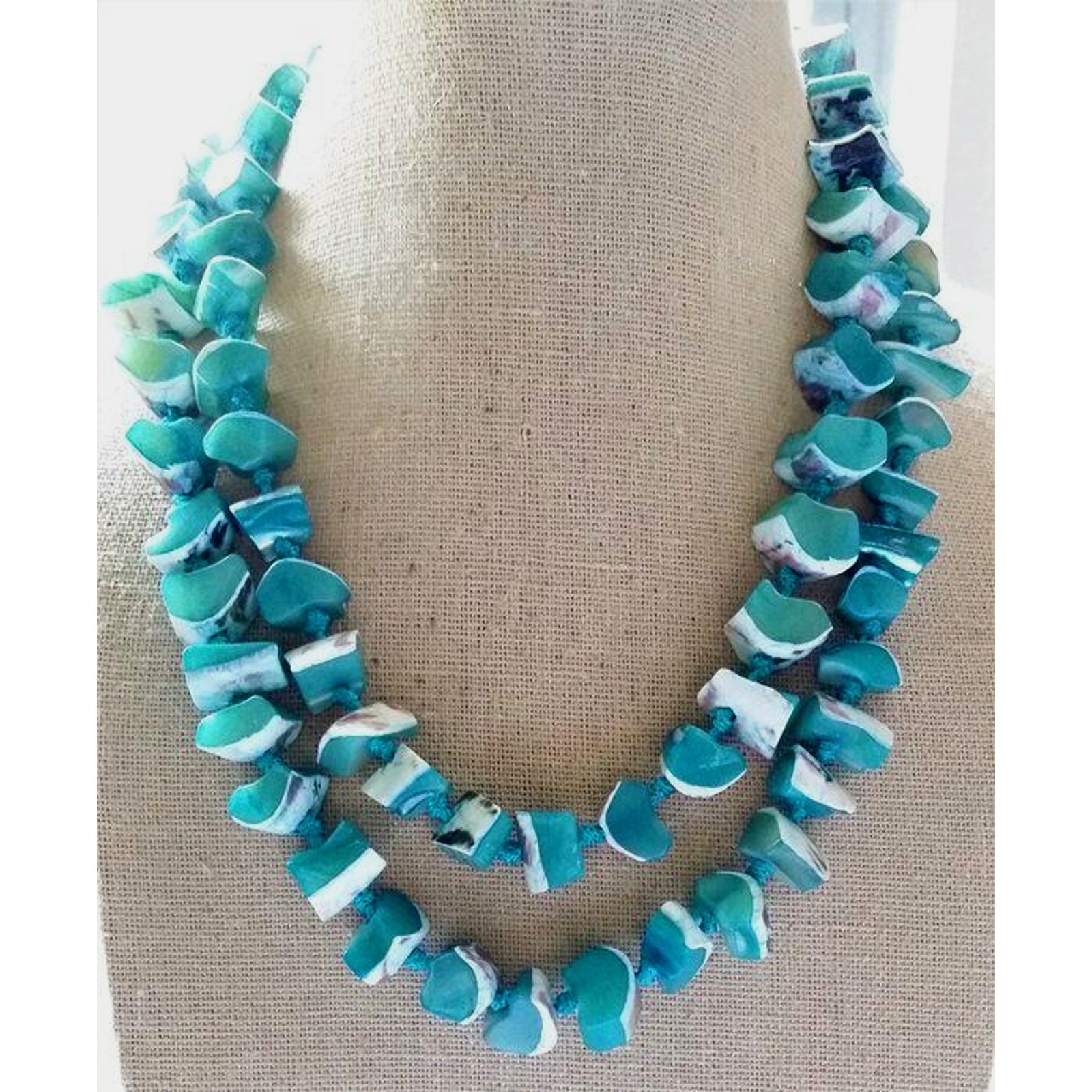 Les Bernard Necklace Blue White Shell Beaded Boho Artisan MOP 32″ Vintage Summer