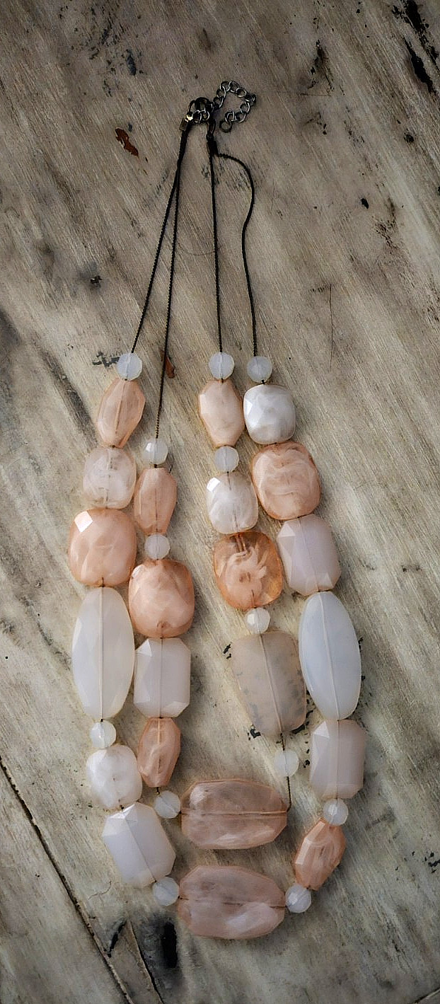 Pale Peach 2 Strand Multi Shaped Plastic Faceted Bead Bib Statement Necklace