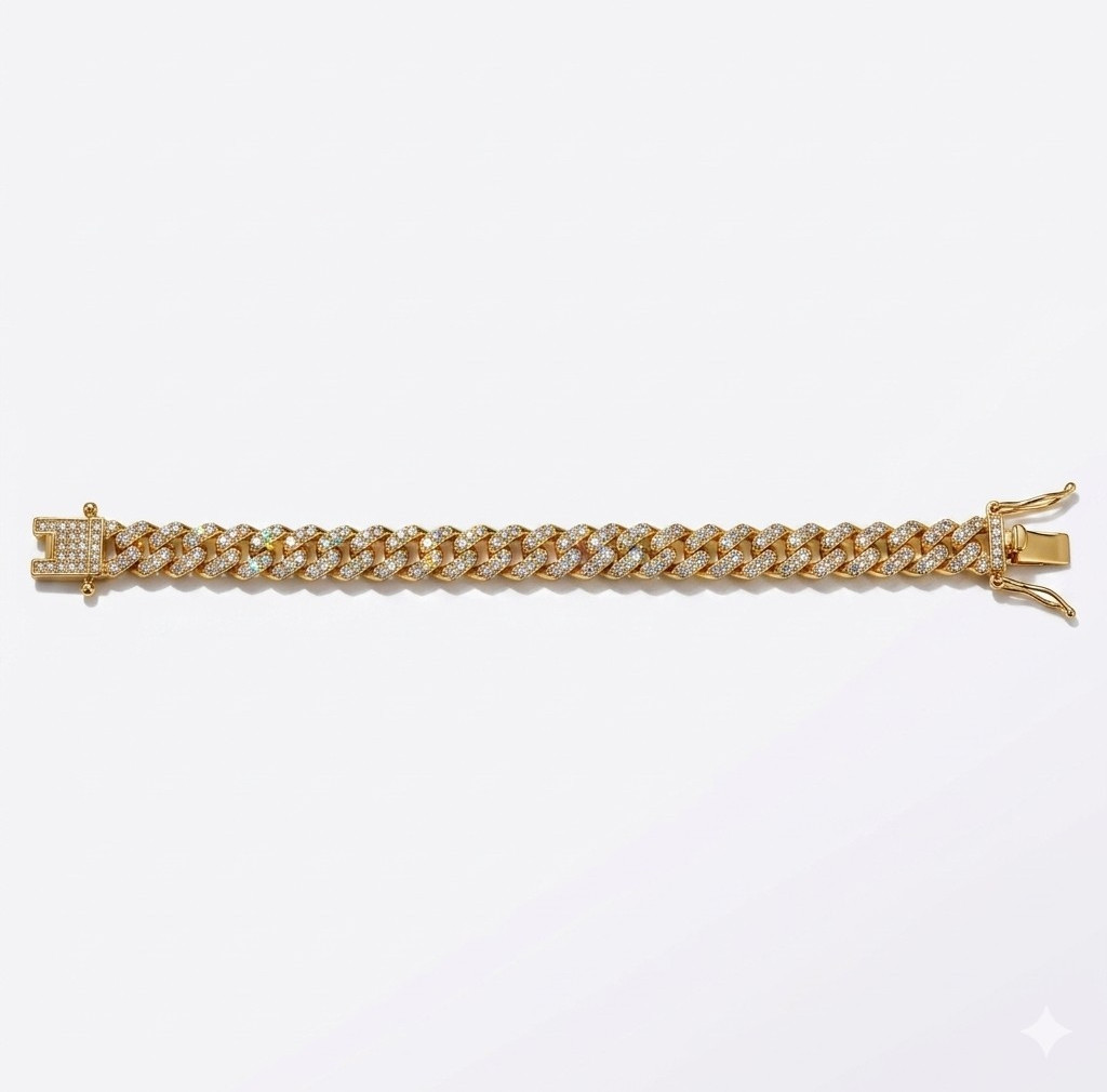 Gold Tone Cuban Link Bracelet Yellow Gold Plated White CZ Pavé Box Clasp