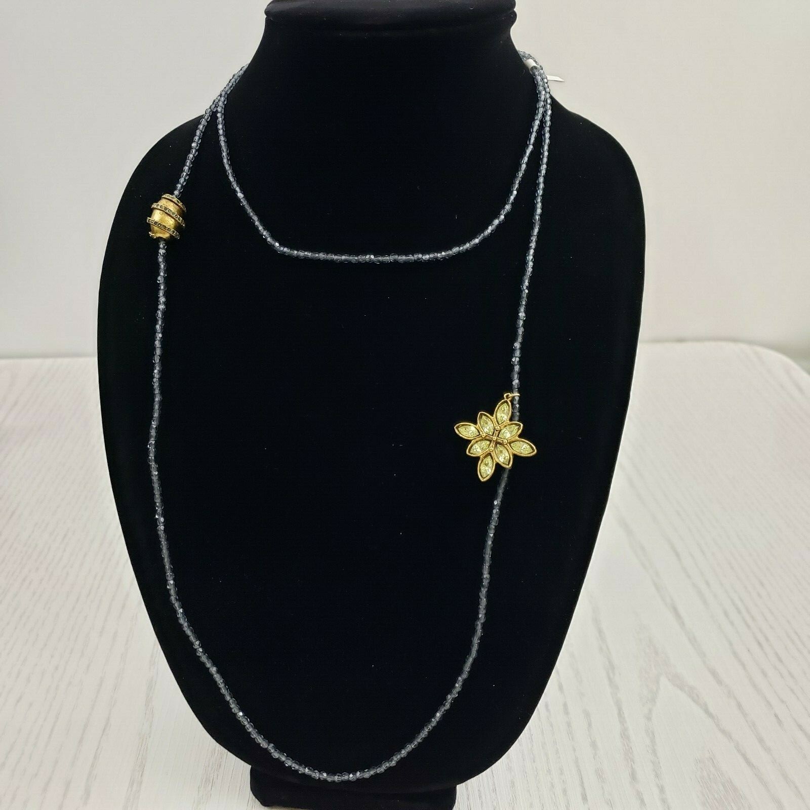 Linda Levinson Triple Wrap Blue Crystal Necklace Marquis Stone Flower Designer