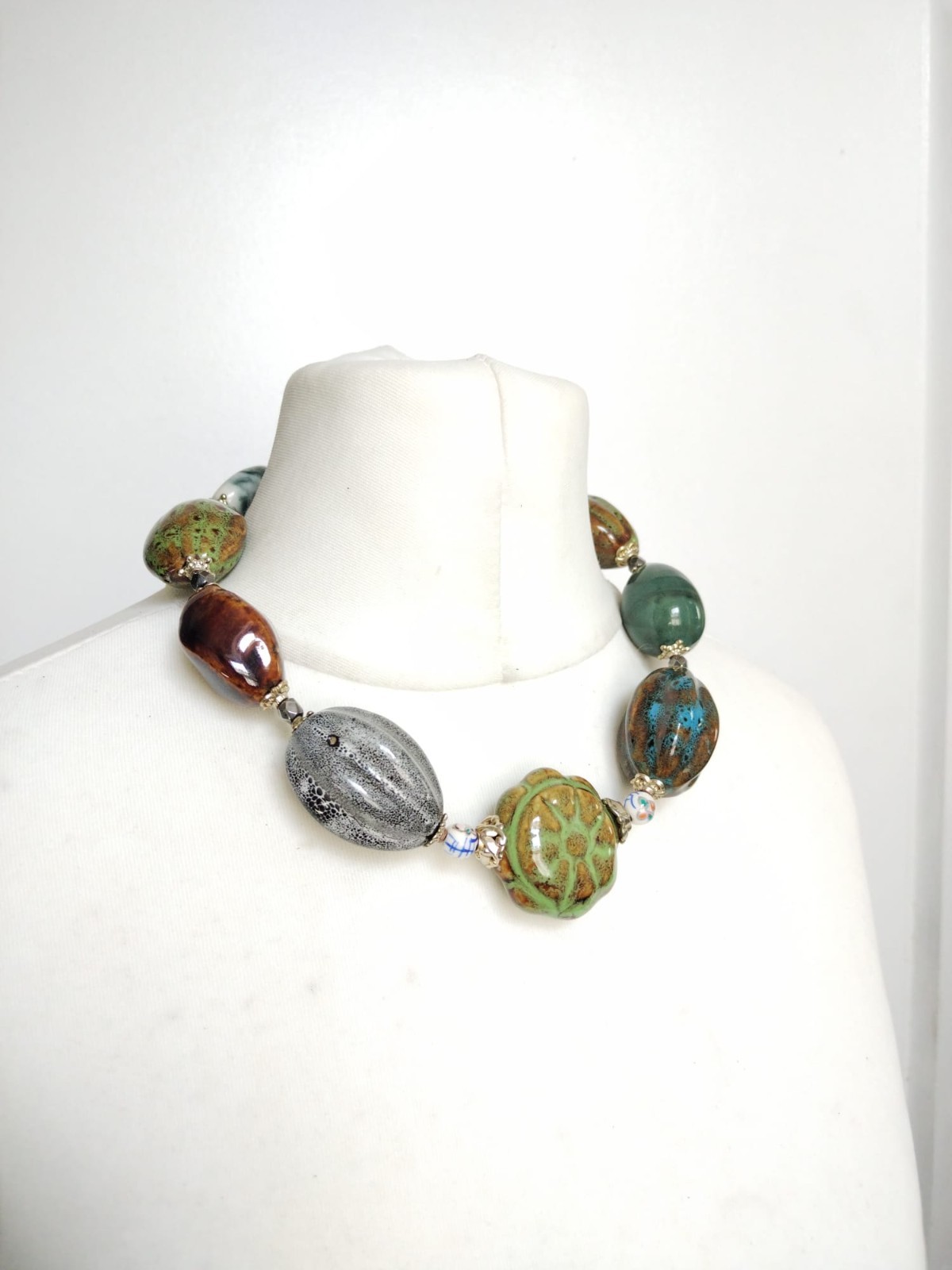 Chunky Glazed Ceramic Mixed Shapes Beaded Statement Necklace, blue green brown