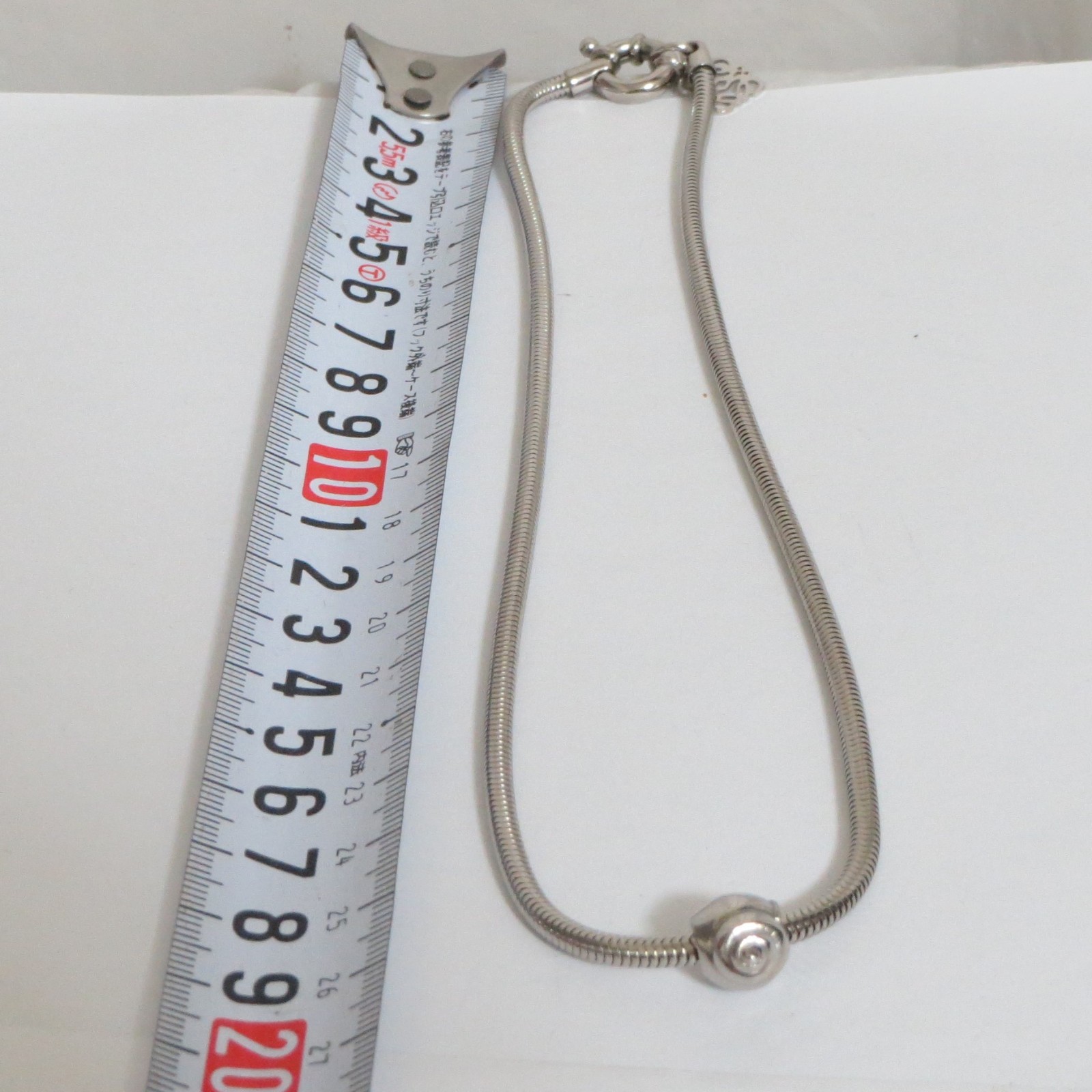 Auth Loewe Shell Charm Pendant Necklace Snake Chain Silvertone 40cm/15.7″ Good i