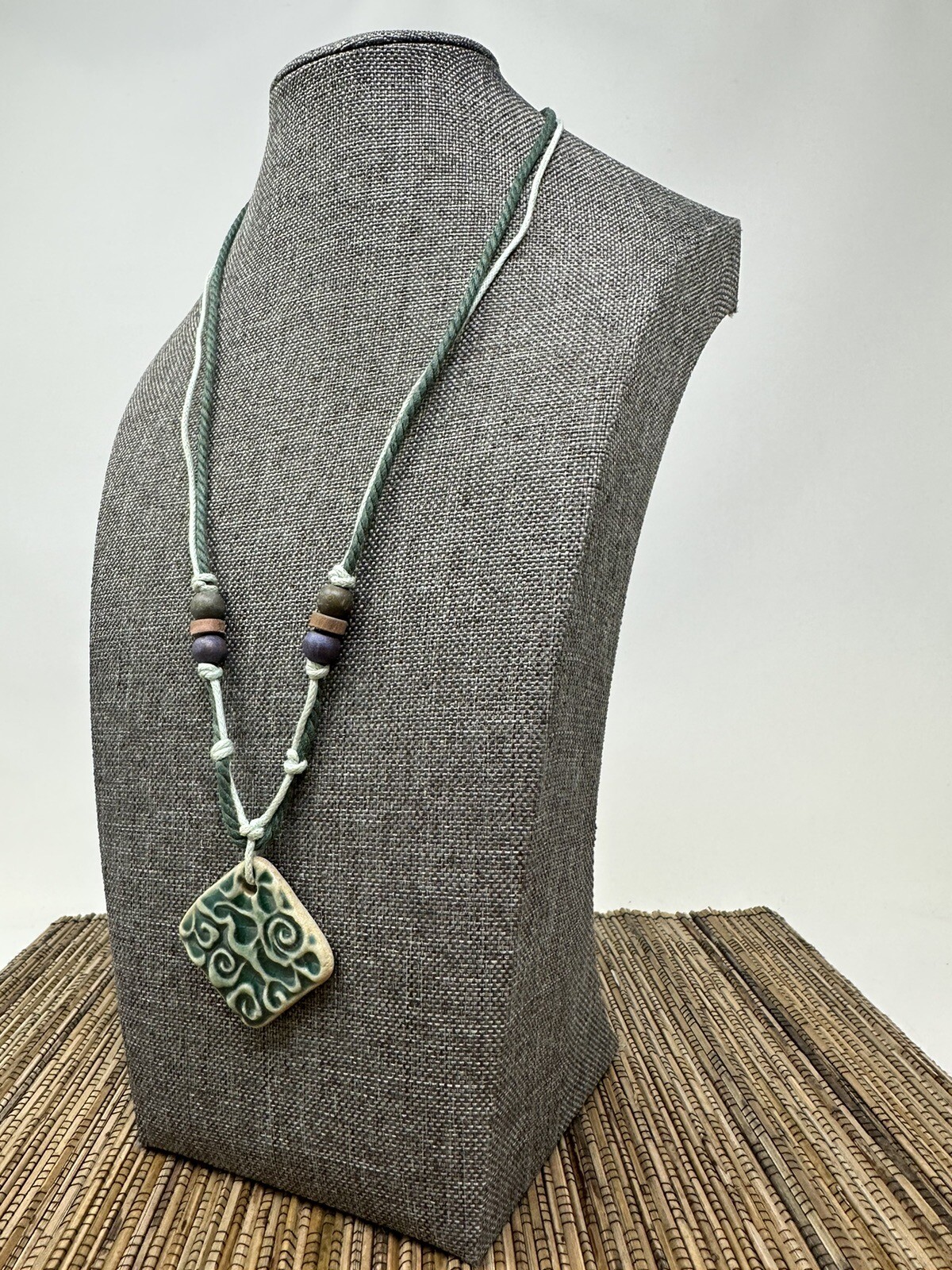 Green Spiral Bohemian Handmade Necklace with Square Engraved Pendant