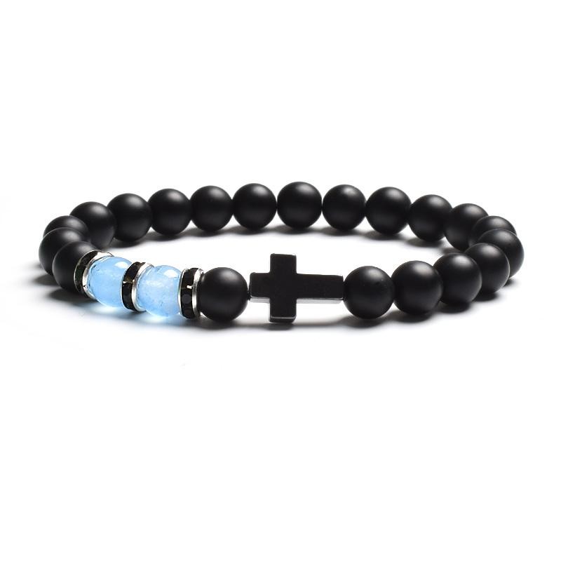 Tiger Eye & Black Agate Beaded Bracelet Men Women Elastic Cross Faith Jewelry