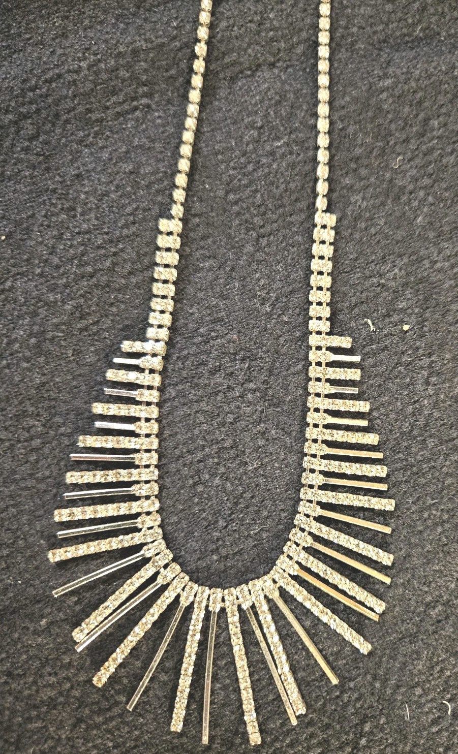Statement Dangle Rhinestone Fringe Bib Necklace Silver Tone 16″ w 3″ Ext