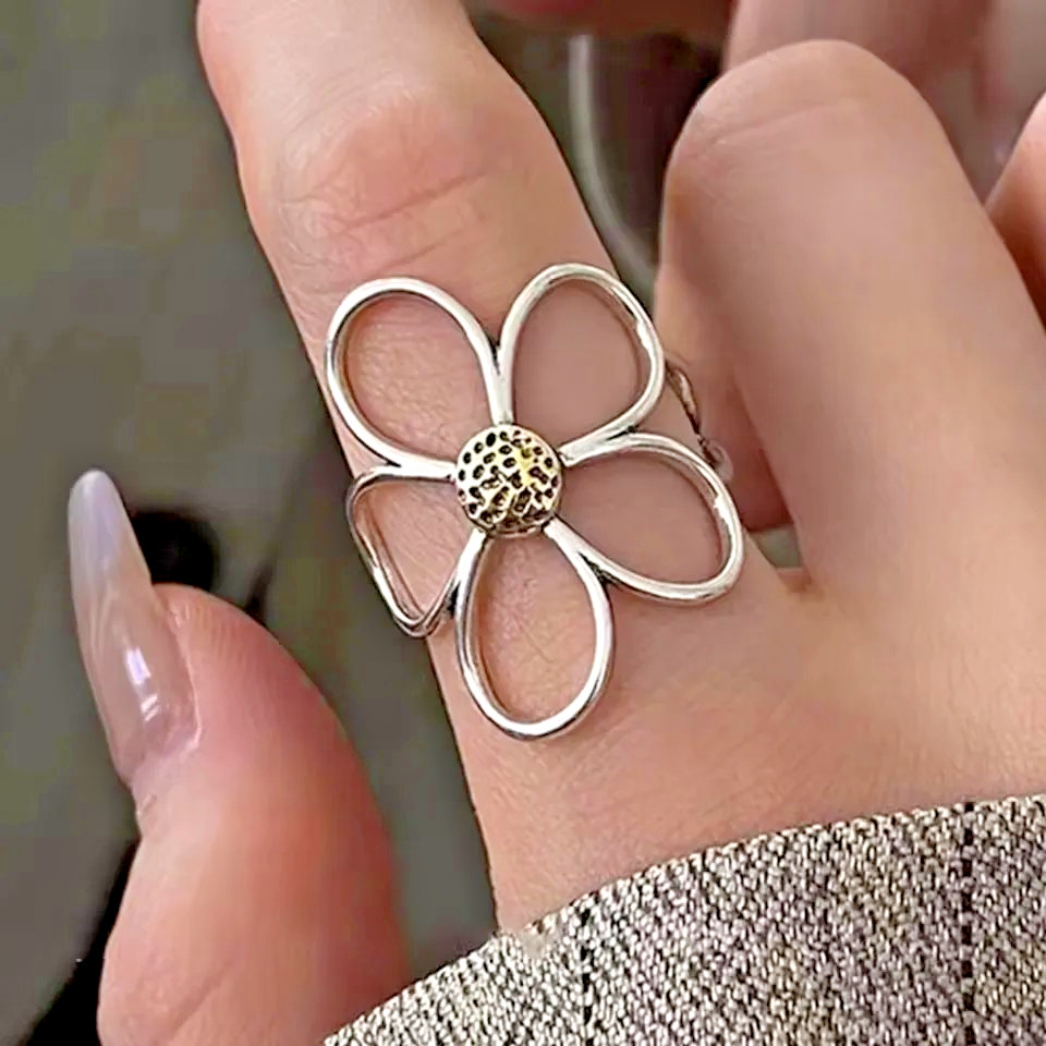 VENTFILLE 925 Sterling Silve Flower Ring for Women Gift Hollow Out Design Retro.