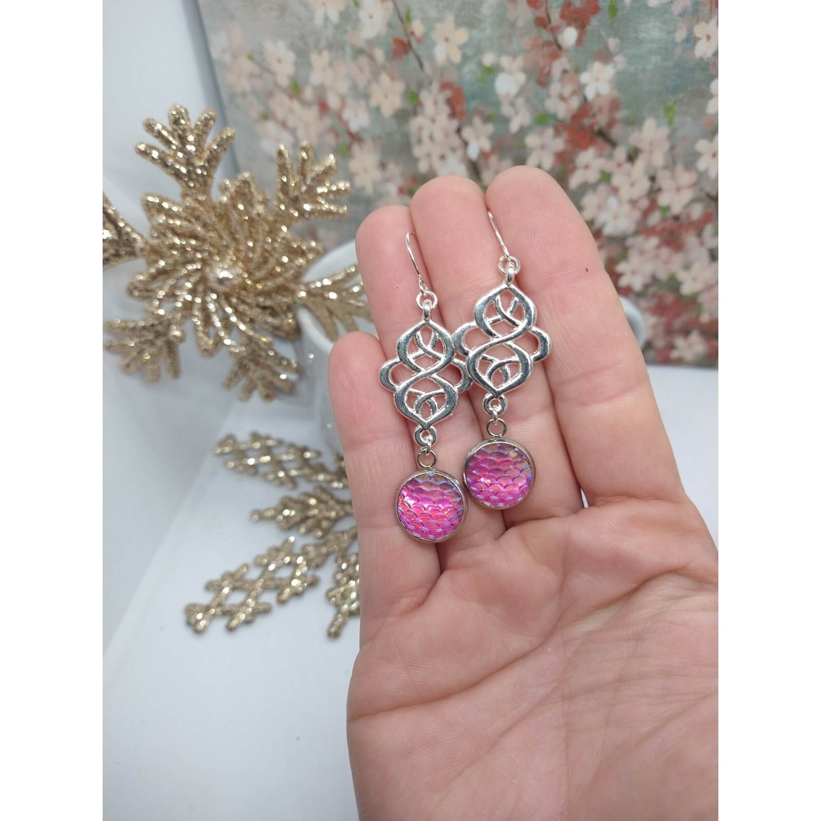 Iridescent Mermaid Silver Dangle Earrings, Ladies Handmade Fashion Drops