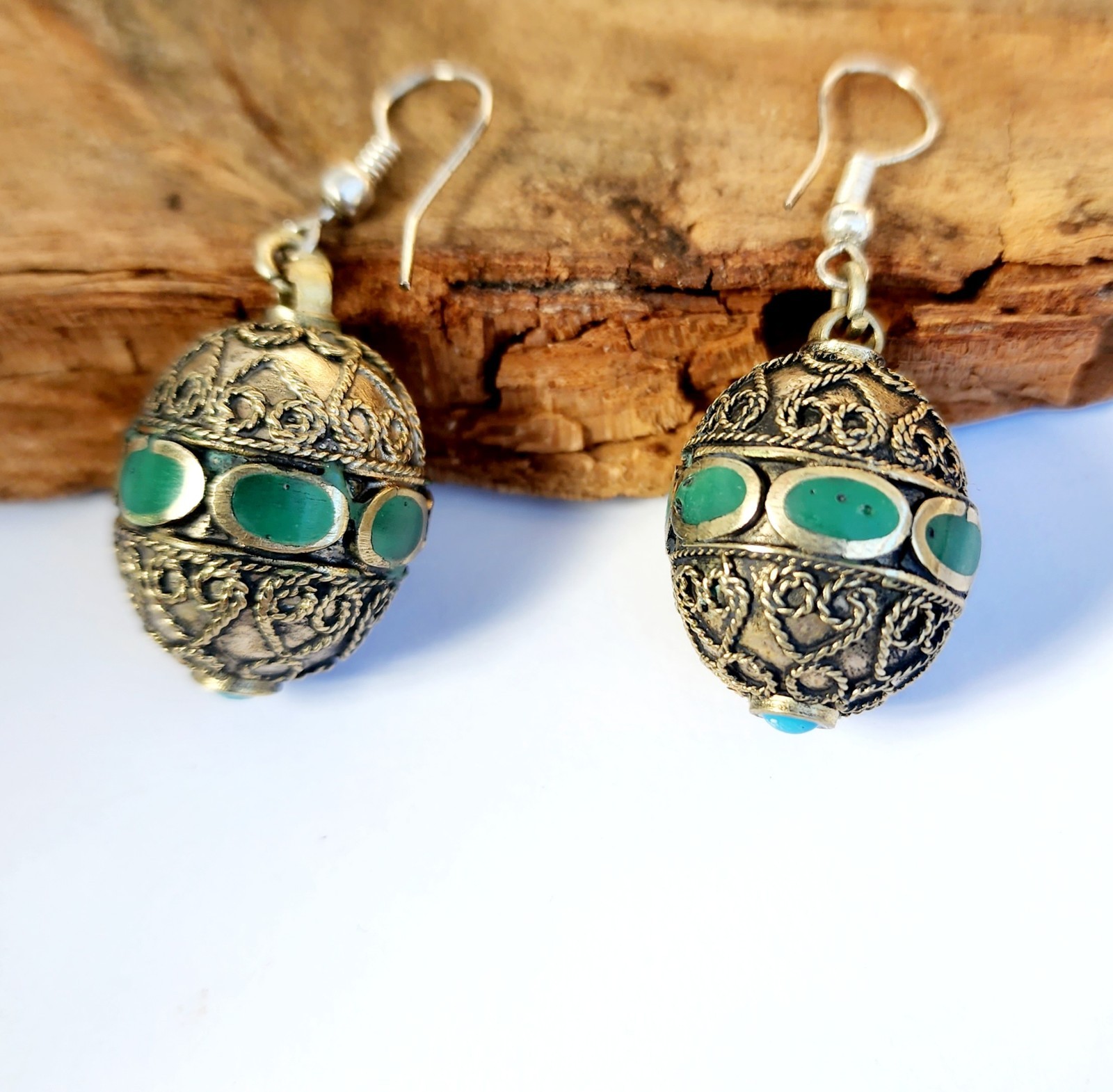 Filigree vintage Green Afghan Traditional ethnic Hook Dangle Drop Earrings