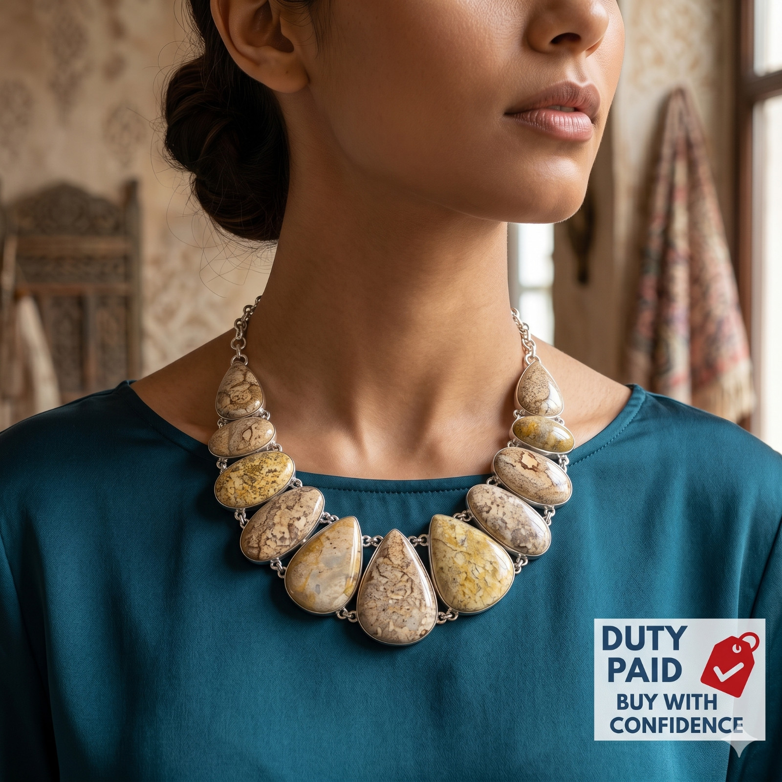 925 Silver Plated Root Chakra Natural fossil coral Unique Chain Wife Necklace