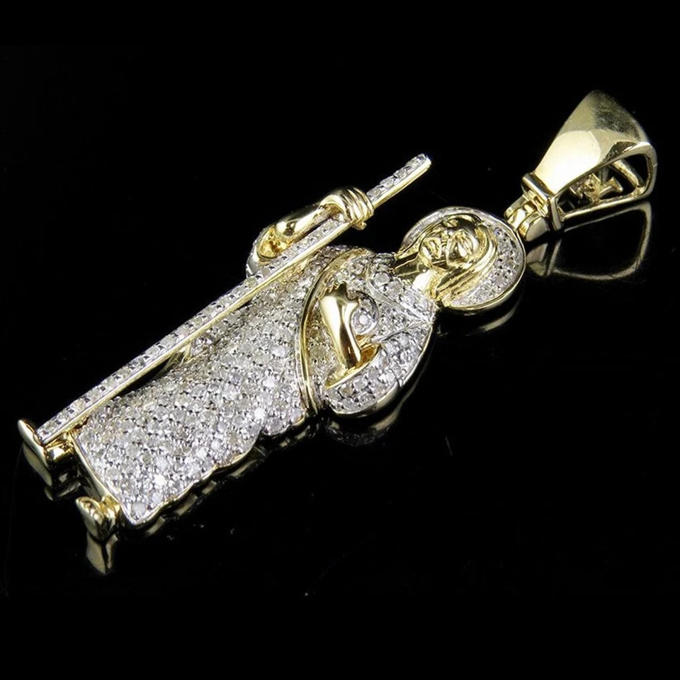 14K Yellow Gold Plated Jesus Shape Charm Pendant 2.50 Ct Round Simulated Diamond