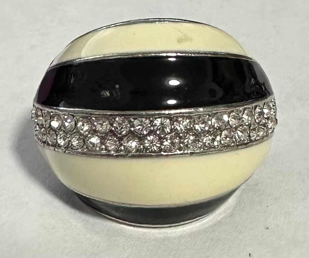 Lia Sophia dome fashion ring black and white enamel w/ central band of crystals