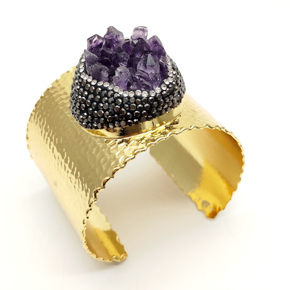 35mm Purple Amethyst Druzy Cuff Bracelet For Women Crystal Pave Bangle Jewelry