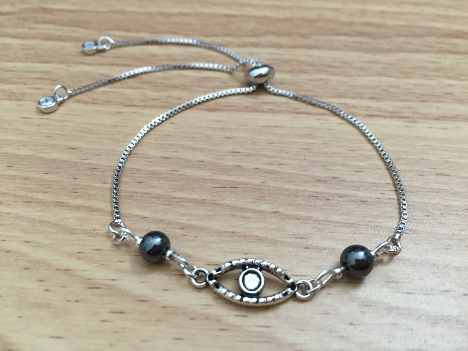 Delicate and Dainty Silver Chain Women Bolo Bracelet w/ Gray Hematite – Evil Eye