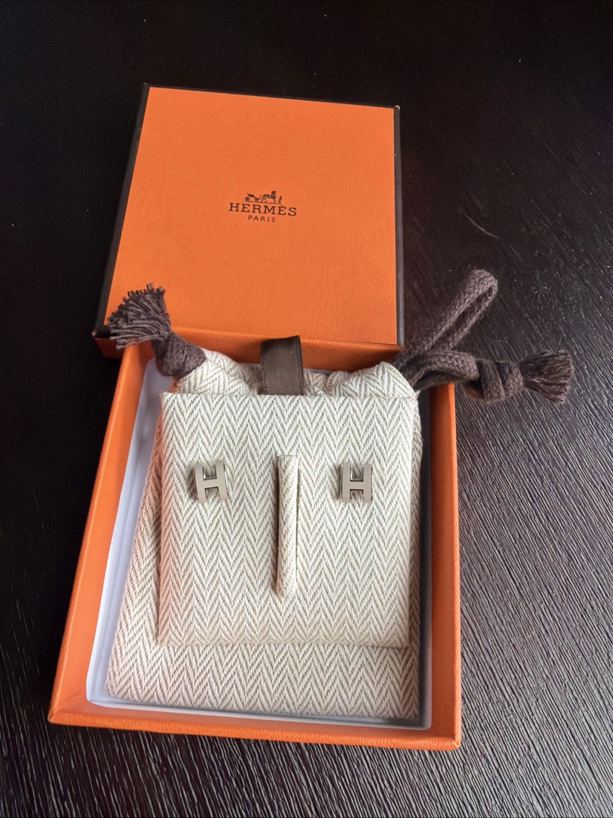 HERMES Mini Pop H Earring Marron glacé Grey/ Palladium Plated- NEW